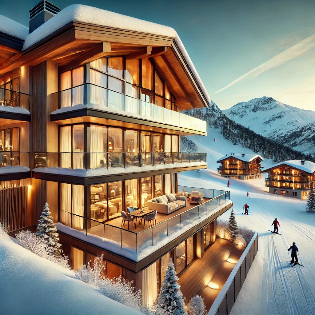Chalet de luxe en station de ski avec baies vitrées, vue sur les montagnes enneigées et skieurs sur les pistes, illustrant l’investissement immobilier en montagne.