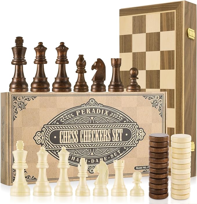 Peradix Jeu d'échecs et Dames 2 en 1 – Échiquier en bois magnétique pliable 39×39 cm