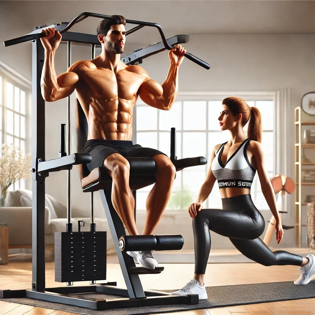 Un couple effectuant des exercices de musculation sur une chaise romaine, parfait pour un entraînement complet à domicile.