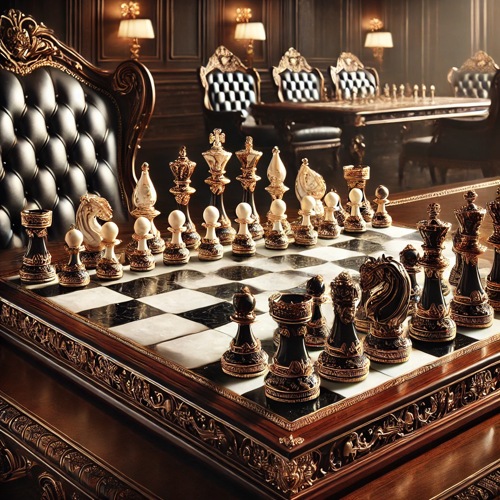 Échiquier de luxe en bois précieux et marbre blanc et noir, avec des pièces dorées et argentées, posé sur une table élégante dans une ambiance prestigieuse.
