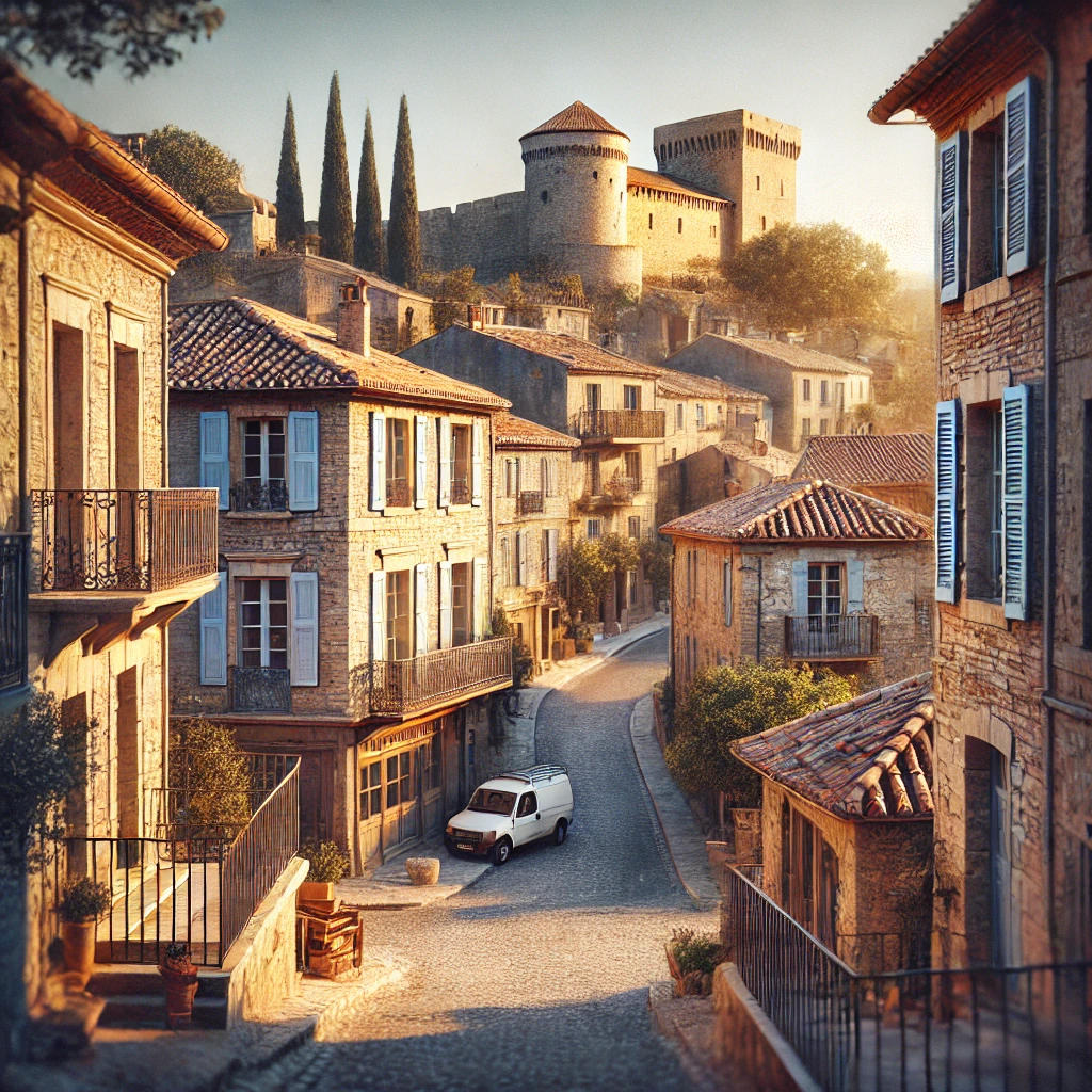 Vue pittoresque d'un village de l'Aude (11) avec des maisons en pierre traditionnelles, des toits en tuiles et un château fortifié en arrière-plan, illustrant le charme et le patrimoine de la région.