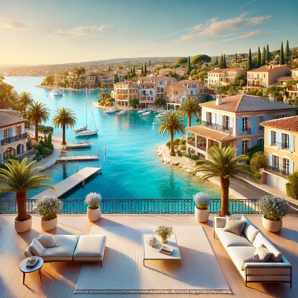 Vue panoramique d'une ville côtière des Bouches-du-Rhône (13) avec des villas luxueuses, une architecture provençale typique et une mer Méditerranée scintillante, illustrant l'attrait immobilier du département.