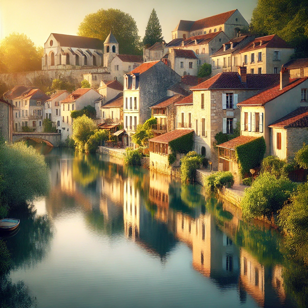 Vue pittoresque d'une ville de la Charente (16) avec des maisons en pierre traditionnelles, des toits en tuiles et une rivière bordée de verdure, illustrant le charme immobilier du département.