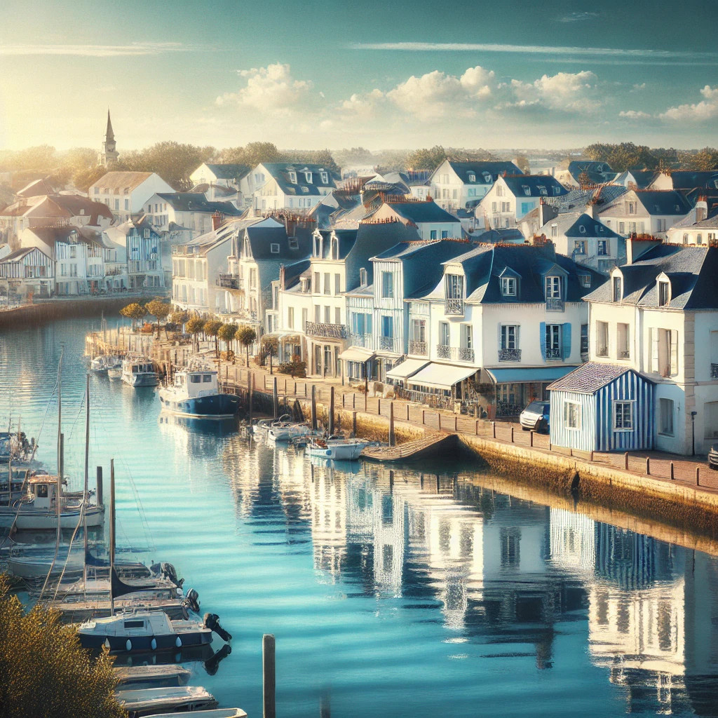 Vue pittoresque d'un port de Charente-Maritime (17) avec des maisons blanches et bleues, des bateaux amarrés et un ciel bleu lumineux, illustrant le charme immobilier du département.