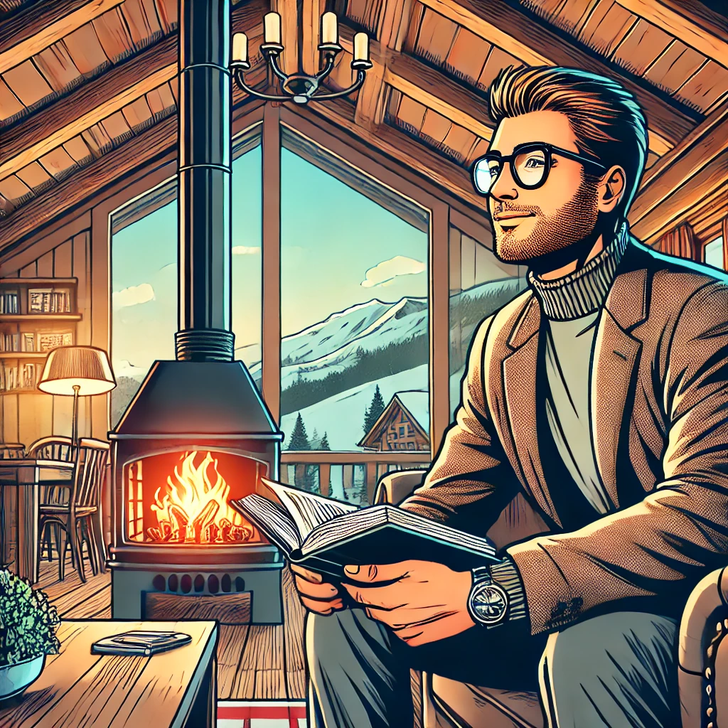 Illustration BD d’un investisseur en lunettes, lisant un livre sur l’immobilier près d’une cheminée dans un chalet cosy, avec une ambiance chaleureuse et détendue.