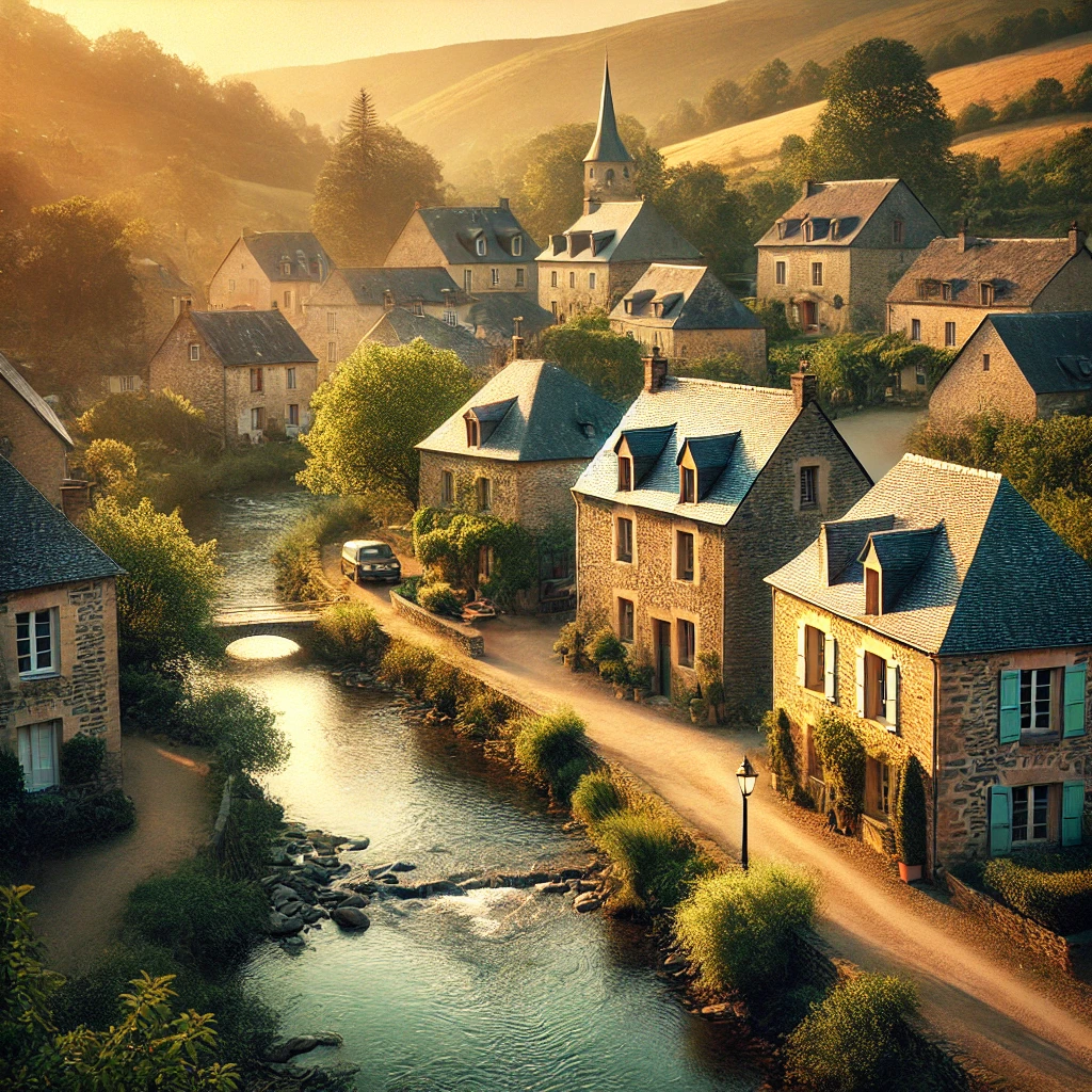 Vue pittoresque d'un village de Corrèze (19) avec des maisons en pierre traditionnelles, des toits en ardoise, une rivière sinueuse et des collines verdoyantes, illustrant le charme immobilier du département.