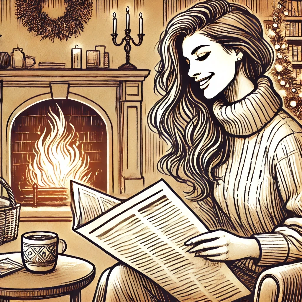 Illustration d’une femme souriante assise dans un fauteuil confortable, lisant un journal sans texte, près d’une cheminée allumée. Ambiance chaleureuse et détendue.