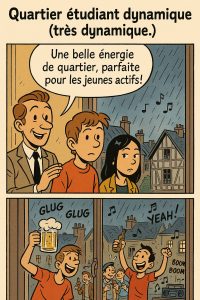 BD immobilière Rennes avec soirée étudiante en fond sonore.