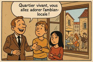 BD immobilière Dijon avec bar animé en bas de l’immeuble.