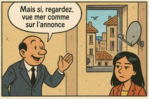 BD immobilière Marseille avec agent montrant une fausse vue mer.