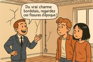 BD immobilière Bordeaux avec murs fissurés et agent enthousiaste.