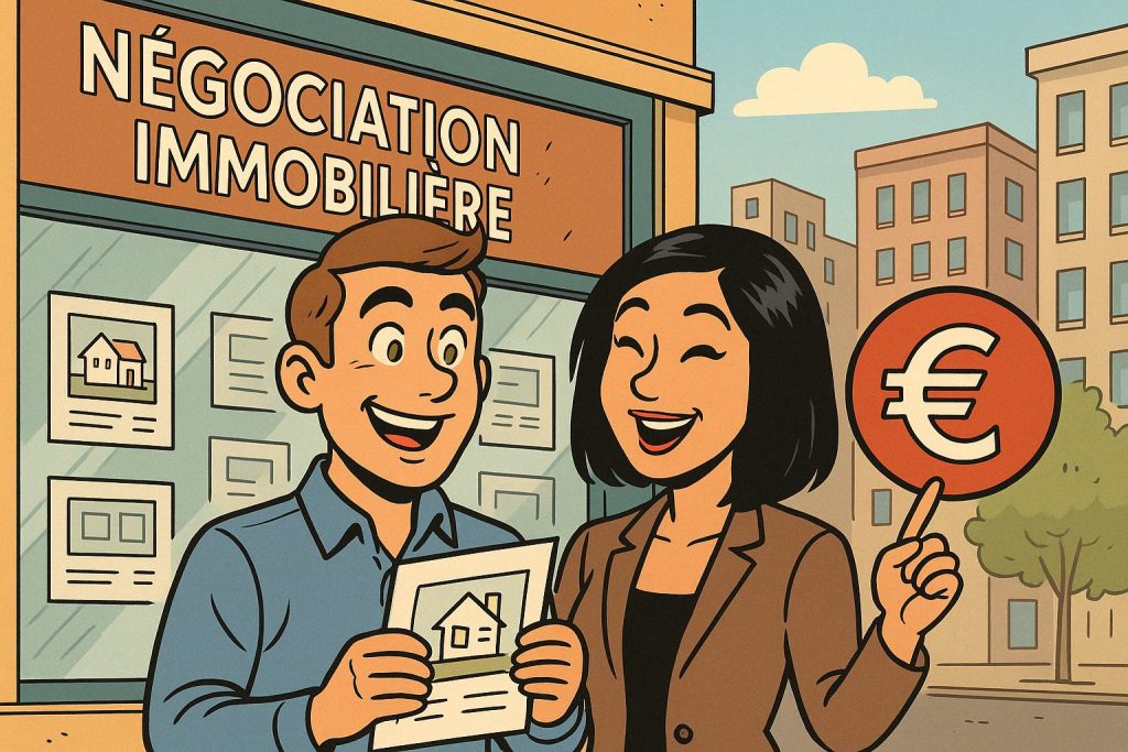 Couple devant une agence immobilière négociant le prix d’un bien – illustration BD pour article sur la négociation immobilière