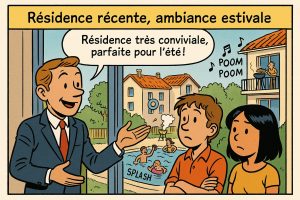 BD immobilière Montpellier avec piscine animée et musique.