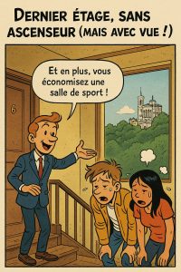 BD immobilière Lyon avec couple épuisé au 6e étage.