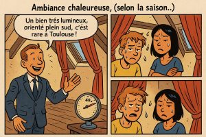 BD immobilière Toulouse avec couple en sueur sous les toits.