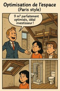 BD immobilière Paris avec studio minuscule et agent vantant l’espace.