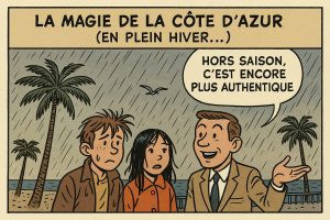 BD immobilière Nice en hiver sous la pluie, loin du glamour.