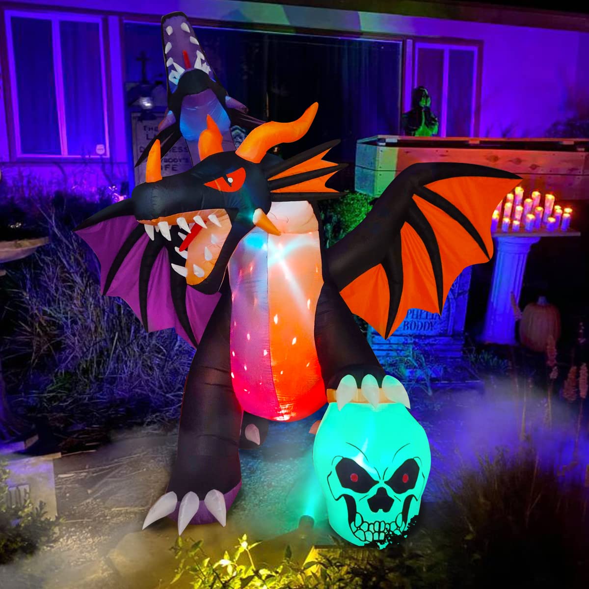 BLOWOUT FUN Dragon Gonflable Halloween 3,4 m – Double tête Fire & Ice avec LED Flash