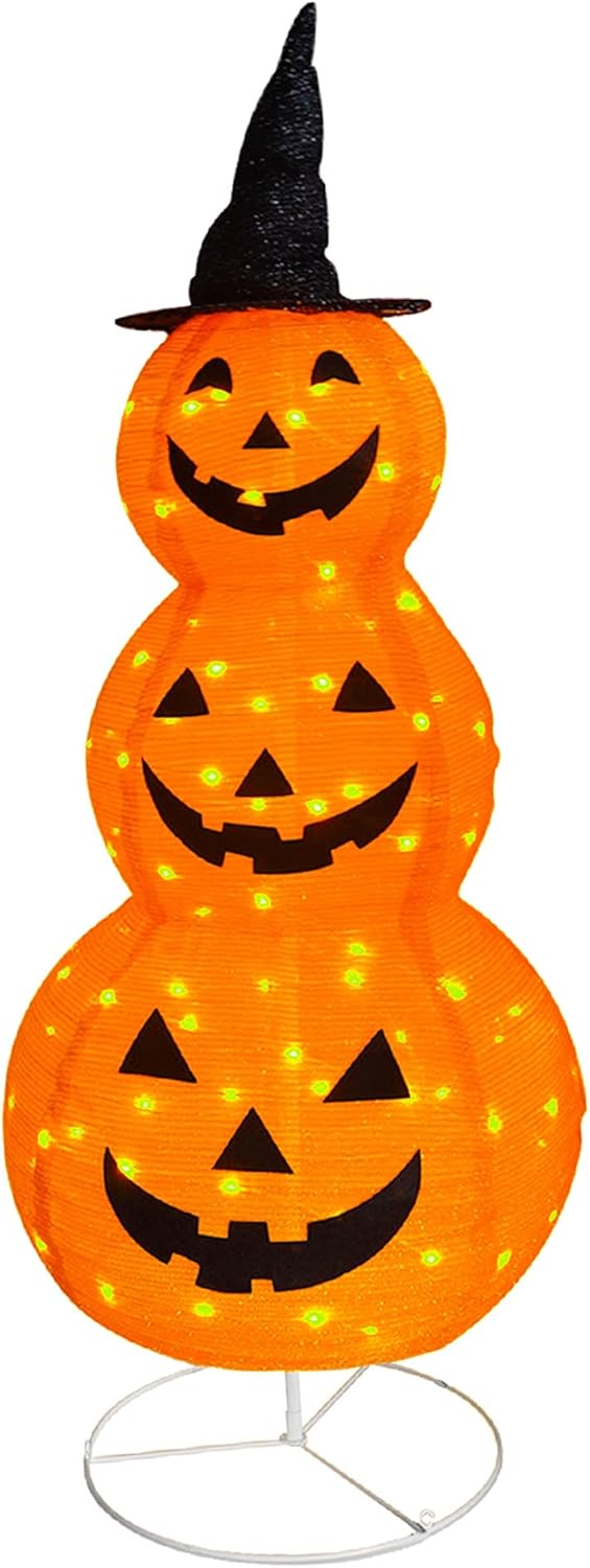 FUNPENY Citrouille Halloween pliable 1,5 m – Lumières LED intégrées et chapeau noir