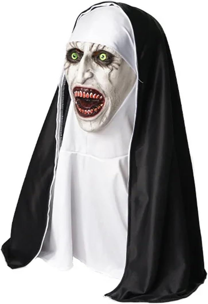 QAZMLP Masque de Nonne Horreur en Latex – Masque intégral Cosplay Halloween effrayant avec foulard
