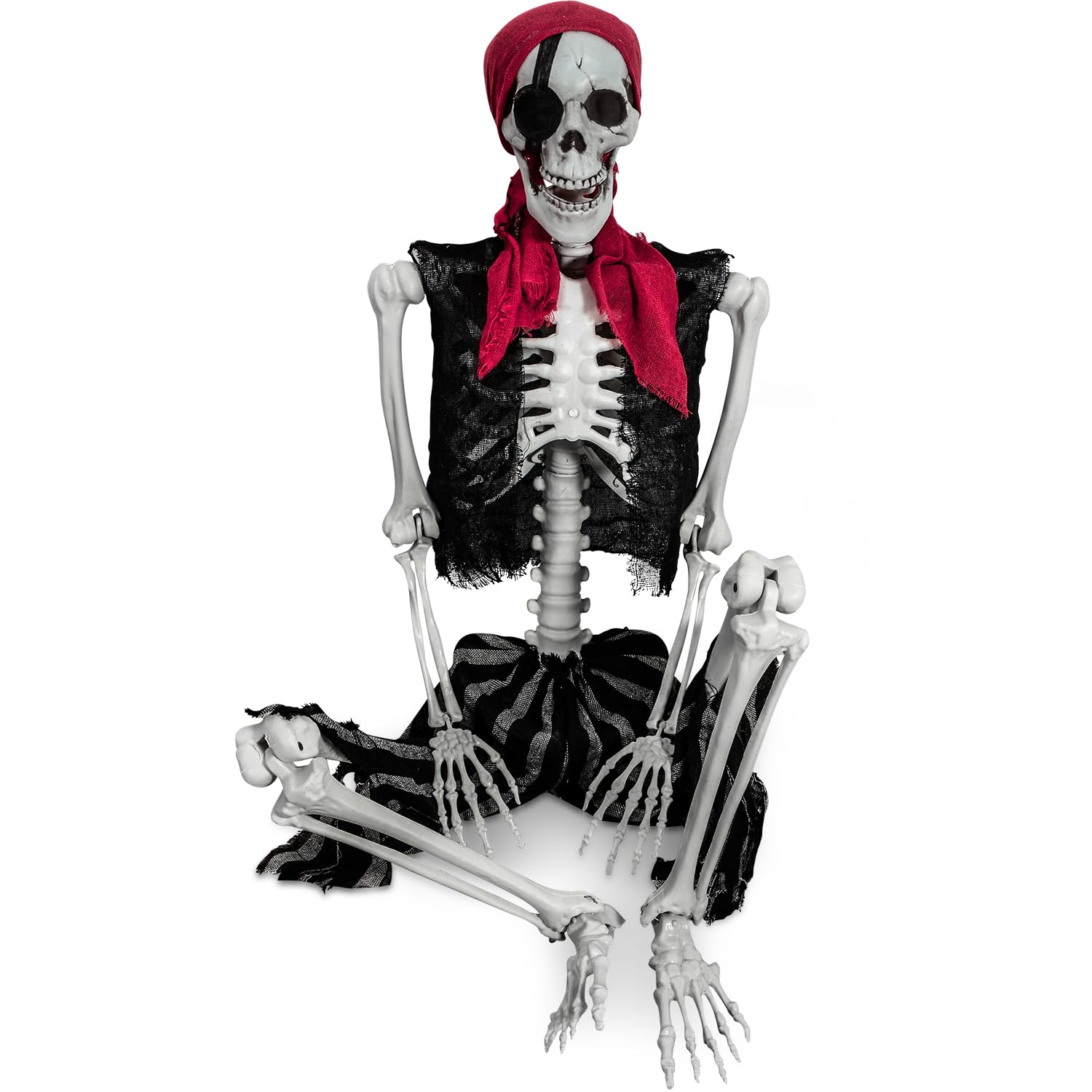 Squelette de pirate réaliste 165 cm – Articulé & pose libre pour déco Halloween perchée, posée ou suspendue